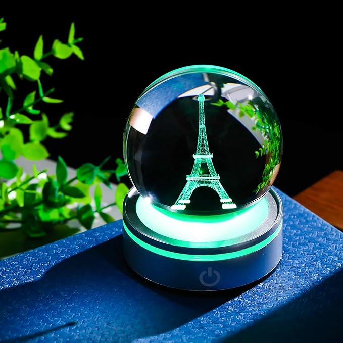 Movdyka 3D Crystal Ball Eiffel Tower Decor Statue Paris Gifts for Women Men, Laser Etched Eiffel Tower Snow Globes with Lamp Base, Paris Themed Bedroom Ornaments Party Decorations France Souvenirs
