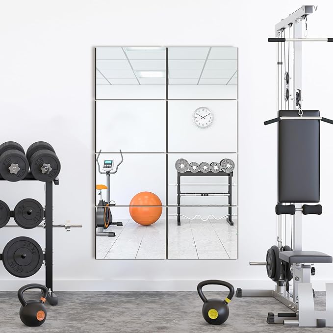 Wall Mirror Tiles, 16"x12"x8PCS Full Length Home Gym Mirror for Garage, Bedroom, Living Room, Over The Door