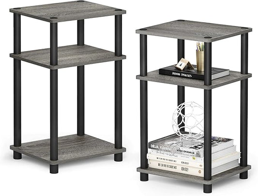 Furinno Just 3-Tier Turn-N-Tube End Table / Side Table / Night Stand / Bedside Table with Plastic Poles, 2-Pack, French Oak Grey/Black