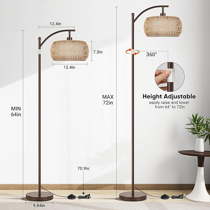 ROTTOGOON Boho Floor Lamp with Dimmable Bulb, Rattan &Linen Double Shades, Boho Standing Tall Lamps with Foot Switch, Brown Bohemian Floor Lamps for Living Room, Bedroom, Office
