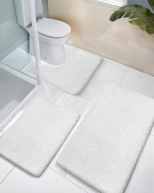 ILANGO 3 Piece Bathroom Rugs Bath Mat Set, Dries Quickly,Non Slip Fluffy Shaggy Bath Washable Mats with U-Shaped Toilet Rug Set for Bathroom,Tub,Toilet (White,17" x 24" + 24" x 36" + 22" x 24")