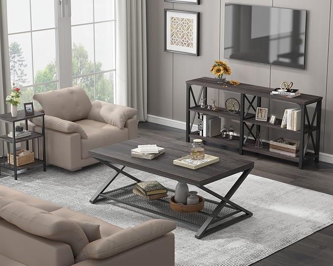 LVB Industrial Grey Coffee Table, Wood Metal 2 Tier Center Table with Storage, Rectangular Low Cocktail Table for Living Room, Farmhouse Concrete Tables for Home Office Bedroom, Dark Gray Oak, 47 Inch