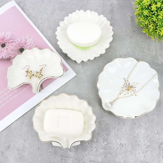 Seashell Style Ceramic Self Draining Soap Dish Waterfall Soap Dish Soap Savers for Bathroom,Shower,Bar Counter