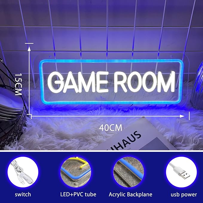 Game Room Neon Sign for Game Wall Decor Led Neon Light with USB Powered Teen Boy Children Bedroom Bar Party Gaming Room Accessories and Decor Neon Signs Custom, 15.7 x 5.9"