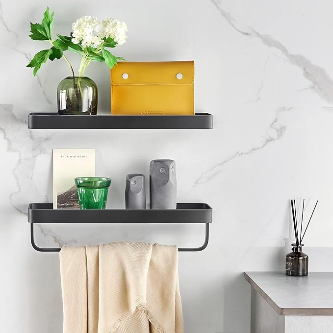 VOLPONE Bathroom Shelves Wall Mounted Glass Shelf for Bathroom Floating Shelf Tempered Glass Shelf 2 Tier Bathroom Wall Organizer(Black)
