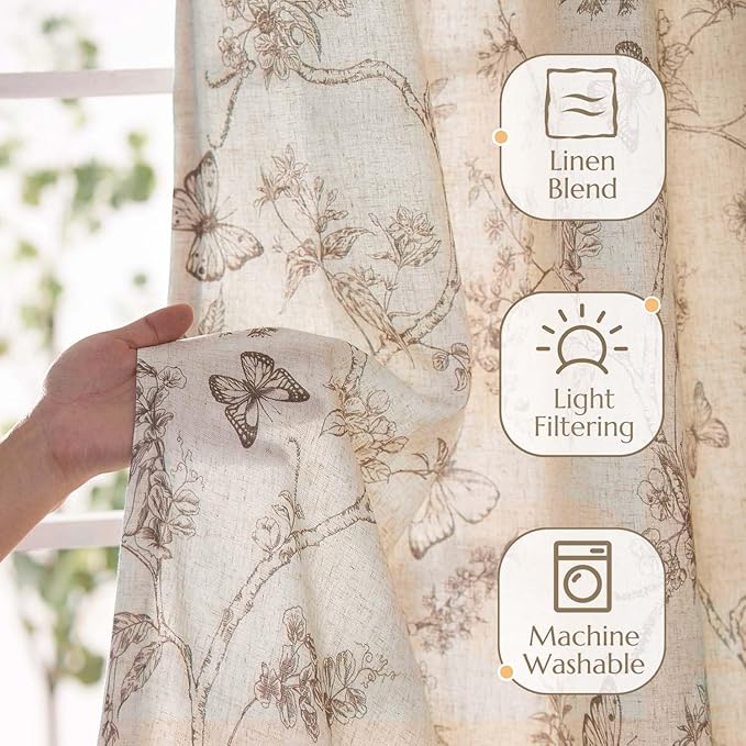 jinchan Floral Curtains Lined Linen Blend Curtain for Living Room 63 Inch Length Taupe Farmhouse Flower Patterned Curtain French Country Curtains Drapes Back Tab Rod Pocket 2 Panels
