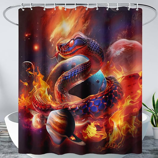 AILONEN 3D Snake Shower Curtain for Boys,Flame Fire Planet Snake Bath Curtain for Bathroom Decor,Safari Animal Polyester Waterproof for Shower, 60" W*72" H with 12 Plastic Hooks