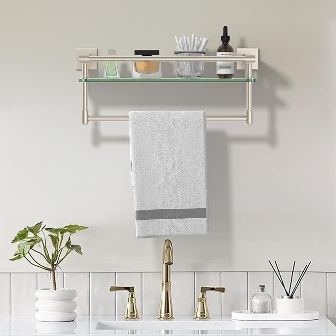 Bathroom Glass Shelf Towel Rack Shelf Glass Organizer Wall-Mounted Bathroom Storage SUS304 Stainless Steel Towel bar/Track Wall-Mounted Tempered Glass Stainless Steel Shelf (Brushed Nickel, 16-inch)