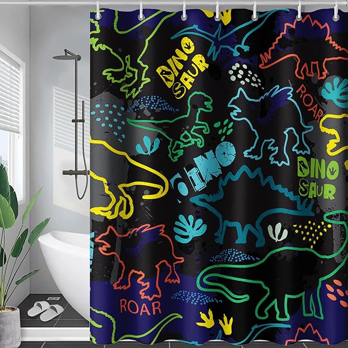 AILONEN Cartoon Dinosaur Shower Curtain 60" W*72" H for Bathroom,Teen Boys Dinosaur Bathroom Shower,Roaring Dinosaur Silhouette Boys Shower Curtain Polyester Waterproof Bath Curtain with 12 Hooks