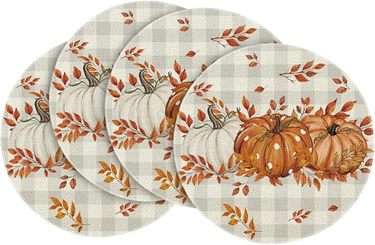 Artoid Mode Beige Buffalo Plaid Polka Dot Pumpkins Leaves Fall Placemats Set of 4, 14 Inch Round Table Mats for Dining Decoration