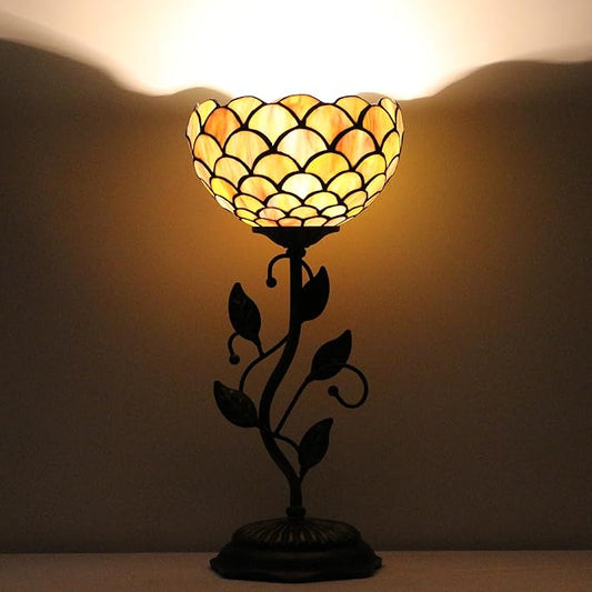 Small Tiffany Lamp Stained Glass Table Lamp Uplight Accent Lamp with Metal Leaf Base Yellow Fish Scales Style Desk Light 8X19 Inch for Home Office Living Room Bedroom