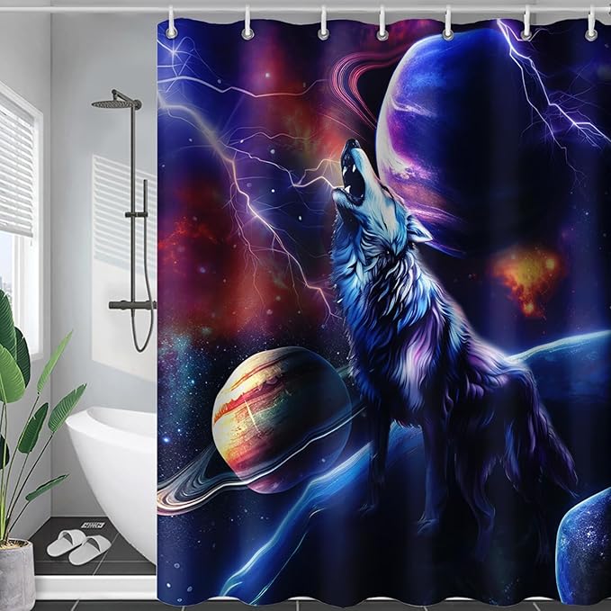 AILONEN Howling Wolf Shower Curtain,Lightning Planet Wolf Bath Curtain for Kids Boys Girls,Wildlife Animal Polyester Waterproof for Shower with 12 Plastic Hooks 72" W*72" H