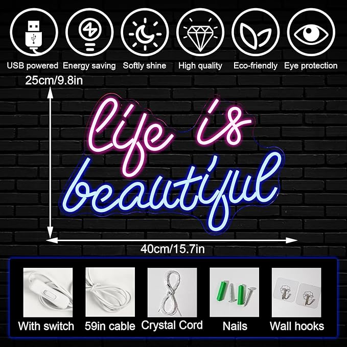Life is Beautiful Neon Signs for Wall Decor, Letter Neon Lights for Bedroom, Led Sign with USB Powered for Livingroom, Wall Hanging Decor, Windows (blue&pink)