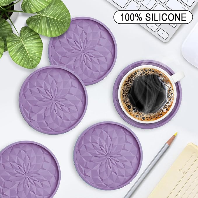 ME.FAN Silicone Coasters with Holder,[6 Pack] Drinking Coasters - Cup Mat for Hot or Cold Drinks, Thickened, Non-Slip, Non-stick,Deep Tray Light Purple