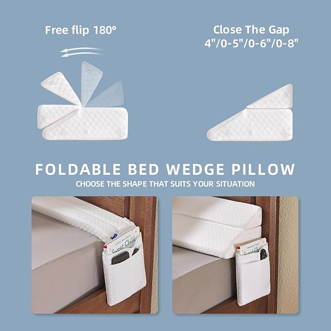 Adjustable Queen Bed Wedge Pillow for Headboard Gap 0-8", 60"x10"x6" Bed Gap Filler Triangle Pillow Stopper, Fills The Gap Between Headboard and Mattress or Wall for Sleeping & Reading