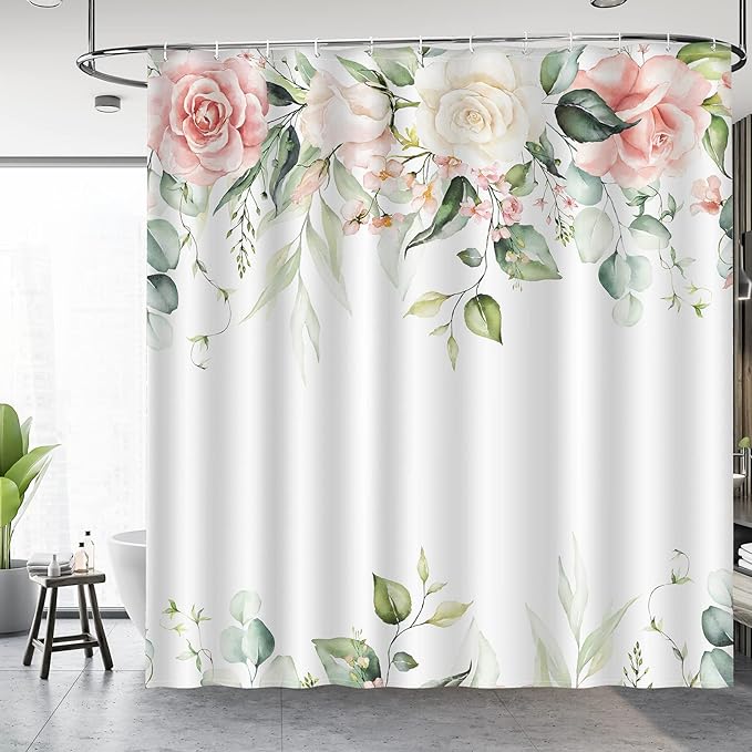 Floral Shower Curtain for Bathroom - Watercolor Pink Rose Flower Eucalyptus Leaves Fabric Shower Curtains Set with 12 Hooks Bathroom Decor Accessories, 72"x72"