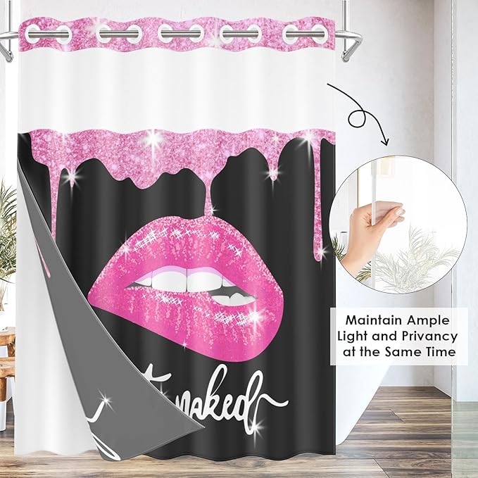Pink Lips No Hook Shower Curtain with Snap in Liner, Diamond Glitter Get Naked Black Bath Curtain with Double Layers Waterproof Fabric and Mesh Top Window 71x74 Inch