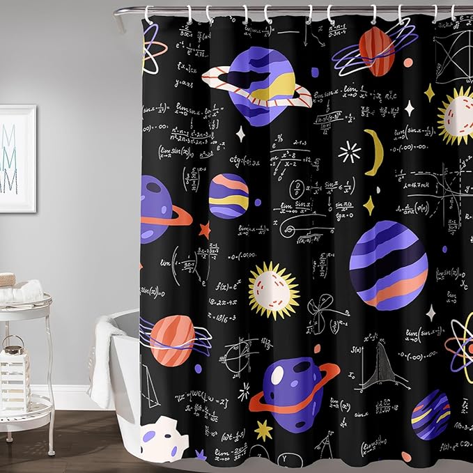 AILONEN Solar System Shower Curtain,Math Galaxy Purple Planet Bath Curtain for Bathroom Decor,Cartoon Planet Polyester Waterproof with 12 Plastic Hooks 72" W*72" H