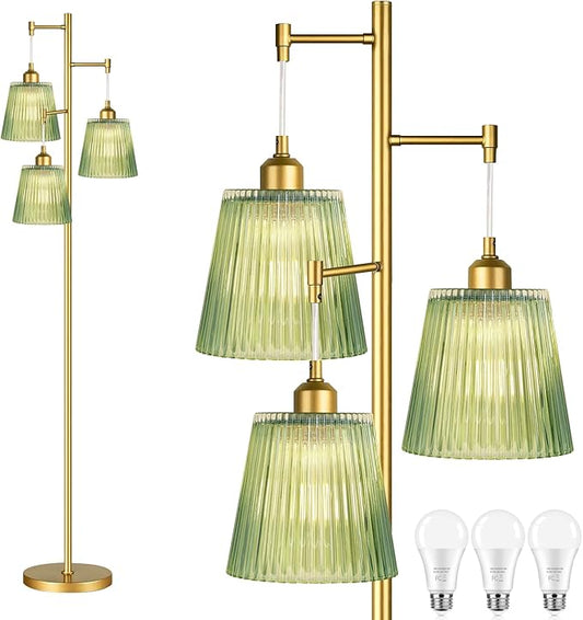 Gold Floor Lamp for Living Room,Bedroom,Mid Century Modern Standing Lamp Brass Tree 3 Light Tall Floor Lamps Vintage Retro Floor Lights Glass Green Flower Lamp Shade Farmhouse Boho Bohemian