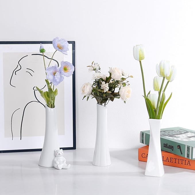 Bud Vase, White Small Ceramic Bud Vase for Modern Home Decor, Flower Bud Vase for Centerpieces Elegant Minimalism Style Fit Table Shelf Fireplace Bedroom Kitchen Living Room Office