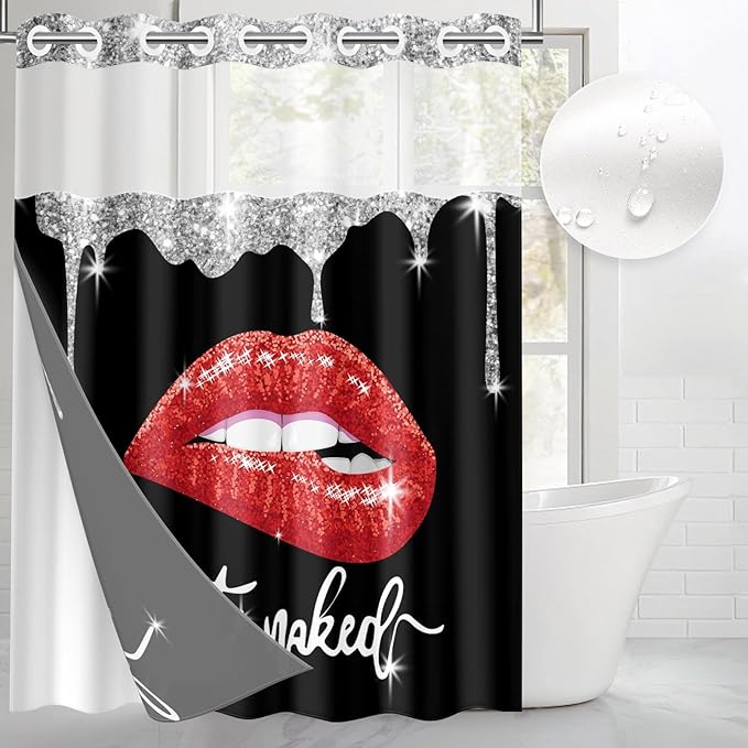 Red Lips No Hook Shower Curtain with Snap in Liner, Diamond Glitter Get Naked Black Bath Curtain with Double Layers Waterproof Fabric and Mesh Top Window 71x74 Inch