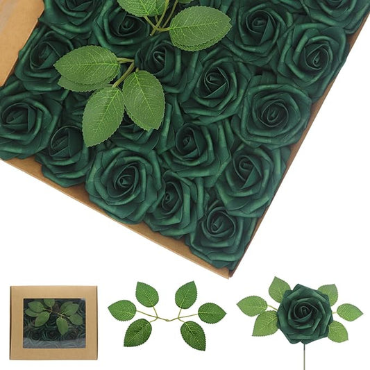 Artificial Flowers Roses Real Looking Foam Fake Roses with Leaves and for DIY Wedding Bouquets Bridal Shower Centerpieces Party Decorations (Peacock Green, 100)