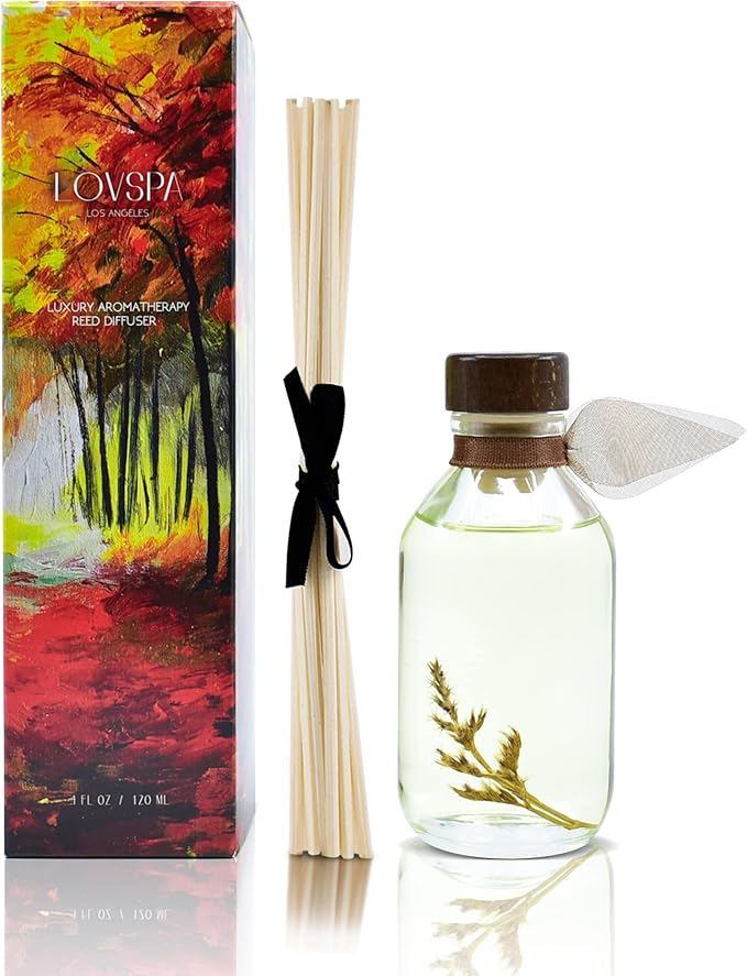 LOVSPA Cashmere Woods Reed Diffuser Set - Woods, Lavender, Lilac & Vanilla Fall Scent Diffuser - Reed Diffusers for Home with Long Lasting Fragrance - Non-Toxic Oil Reed Diffuser - Made in The USA