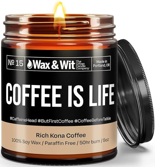 Wax & Wit Funny Soy Coffee Candle Gift for Women - Humorous, Aromatherapy Soy Wax Candle, Ideal for Housewarming, Coworker, Birthday – Rich Kona Coffee - 9oz