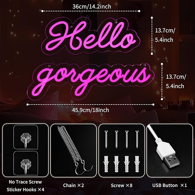 32x5 Inch Hello Gorgeous Neon Sign Pink LED Neon Light Beautiful Wall Art Gift for Girls Party Wall Decor Wedding Birthday Backdrop Bacelorette Party Wth Dimmable Switch