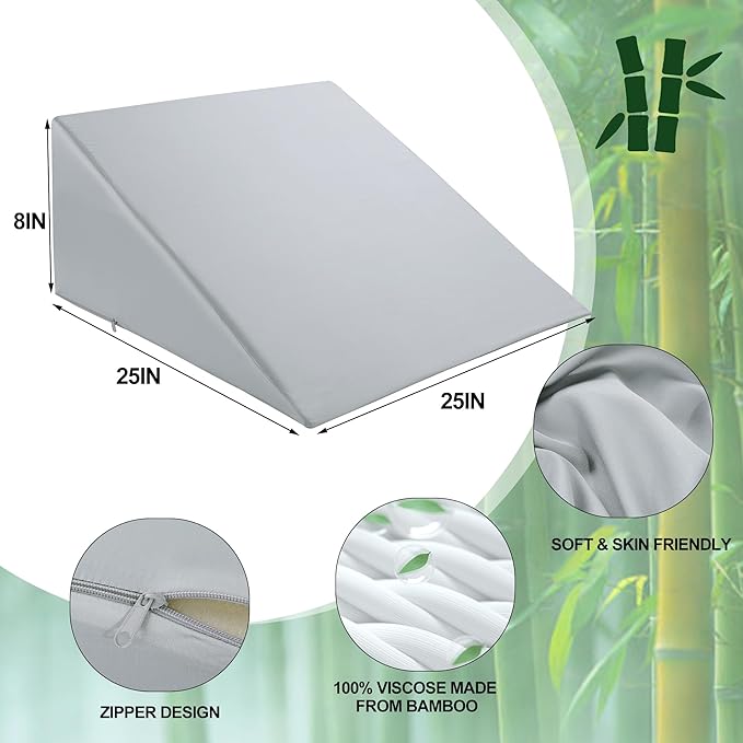 HOMBYS Bamboo Viscose Bed Wedge Pillow Cover with Zipper, 100% Viscose Made from Bamboo, Soft, Cooling, Breathable Wedge Pillowcase Sweat-Absorbent Pillowcase for Summer, 25"x25"x8", Light Grey