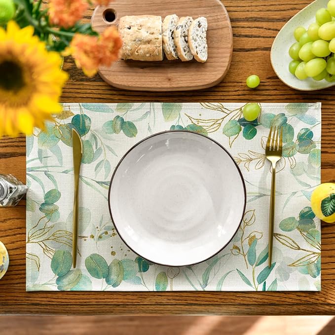 Artoid Mode Eucalyptus Summer Placemats Set of 6, 12 x 18 Inch Spring Seasonal Wedding Party Decoration for Table Decor