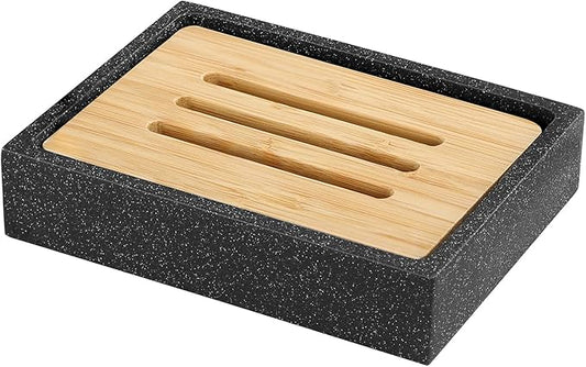 Luxspire Resin Soap Dish, Sponge Holder with Bamboo Board, Storage Tray with Double Layers for Storing Candle, Container in Bathroom, Kitchen, and Toilet - Black Sand