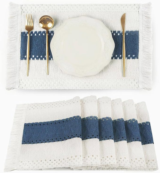 FEXIA Blue Boho Placemats Set of 6, Macrame Table Decor and Farmhouse Style Placemats Natural Cotton Burlap, for Dining Table, Blue