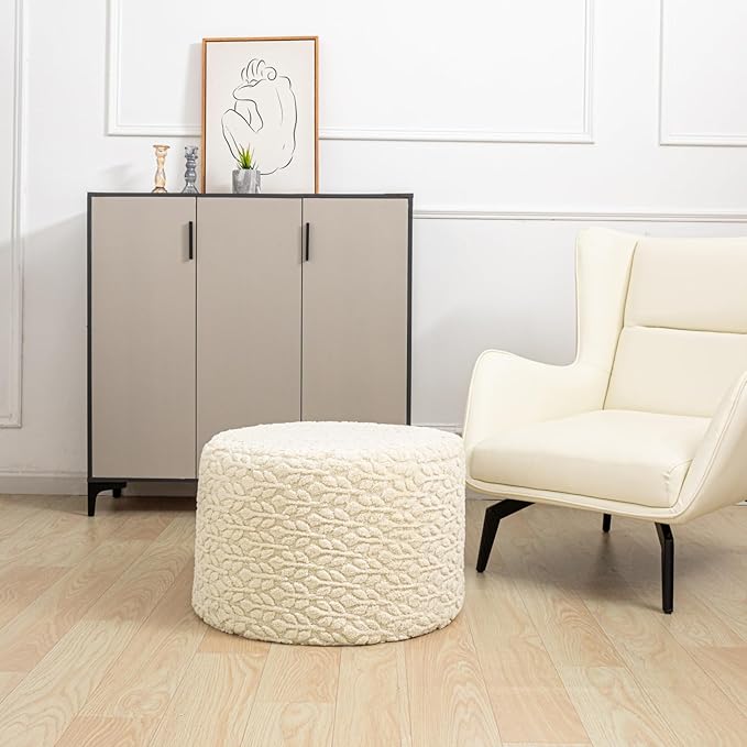 Round Pouf Ottoman Stuffed 20 x 20 x 14 Inches Boho Poof Foot Stool Home Decor Floor Pouffe Ottoman Foot Rest for Couch Sofa Bean Bag Chairs Living Room Bedroom (Linen)