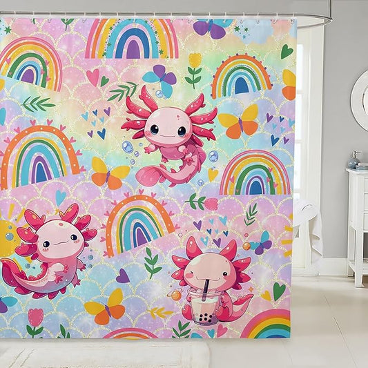 Feelyou Cute Axolotl Bathroom Waterproof Accessories with 12 Hooks Cartoon Salamander Shower Curtain for Kids Boys Girls Rainbow and Butterflies Fabric Shower Curtain Ombre Curtains,72X84 Inches