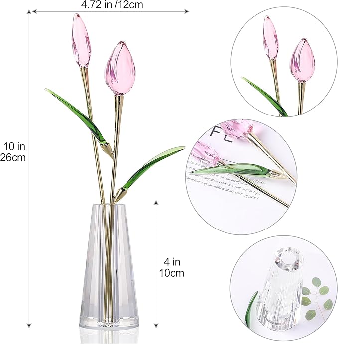 LONGWIN Crystal Tulips Flower Figurine Collectible with Vase Glass Spring Bouquet Flowers with Stem Home Decor Gift for Women Mom