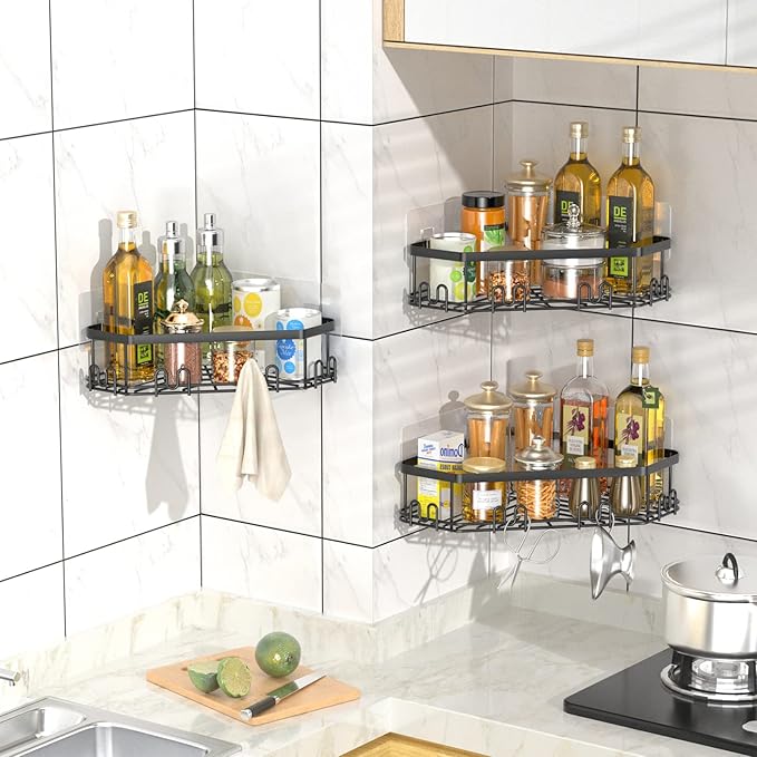 STEUGO Corner Shower Caddy, 3 Pack Adhesive Shower Corner Organizer Shelves, No Drilling Stainless Steel Shower Storage Rack with 12 Hooks for Bathroom, Dorm and Kitchen (Matte Black).
