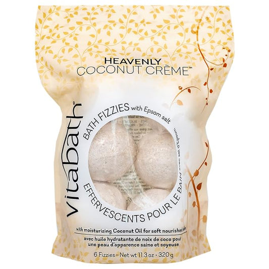 Vitabath Heavenly Coconut Crème Bath Fizzies with Epsom Salt Relax Nourish Unwind Body & Mind Calming Aromatherapy for Muscle Soreness & Reviving Skin Nourishment - 6 Count