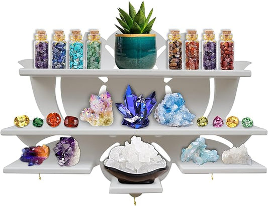 Chakral Wooden Lotus Flower Shelf for Crystals - Floating Crystal Display Shelf & Holder, Wall Decor for Bedroom Aesthetic, Pinewood (White)
