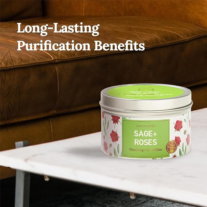 Magnificent 101 Long Lasting Sage + Roses Scented Candle | 6 Oz - 35 Hour Burn | Paraffin Free Soy Candle for House Energy Cleansing, Positive Romantic Aura & Manifestation