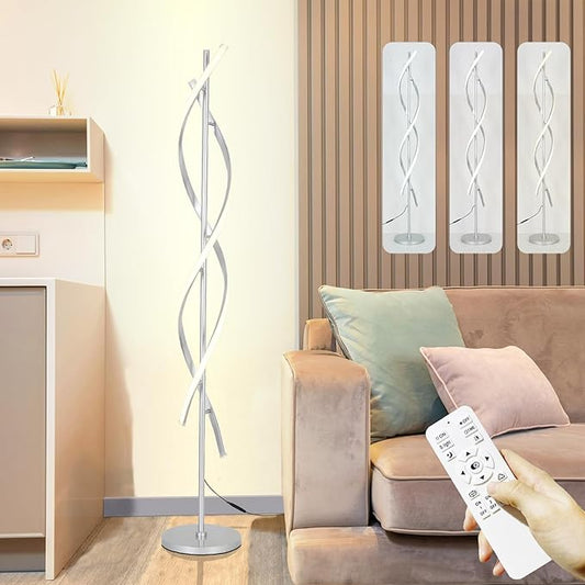 61" LED Floor Lamp for Living Room, 40W 3 Colors Stepless Dimmable and Color-Changing Bright Floor Standing Lamp,Unique Spiral Floor Tall Lamp for Bedroom Office with Remote (Silver)