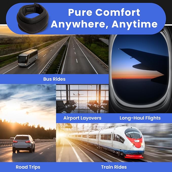 Patented Travel Neck Pillow - Premium Soft Neck Support & Comfort for Sleeping on Airplanes & Cars- Memory Foam Shoulder & Neck Roll - Long Flight International Airplane Travel Pillow (Black)