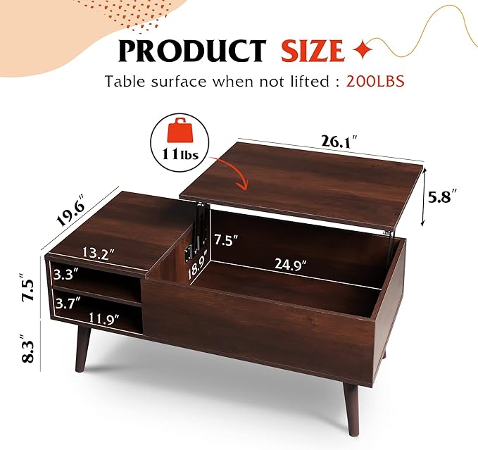 WLIVE Lift Top Coffee Table for Living Room,Small Coffee Table with Storage,Hidden Compartment and Adjustable Shelf,Mid Century Modern, Wood,Cherry,Espresso.