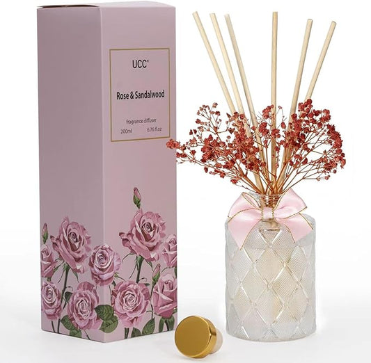 UCC Premium Reed Diffuser Set with Preserved Flower Reed Sticks, 6.76 fl oz Rose & Sandalwood Scented Room Diffuser Home Fragrance Essential Oil Reed Diffuser for Bedroom Bathroom Home Décor Office