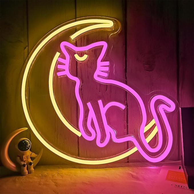 Japanese Anime Cat Neon Signs Dimmable Cartoon Luna Neon Lights Moon Cat Neon Light Sign Cute Led Signs for Bedroom Wall Girls Room Dorm Birthday Party Kawaii Gift