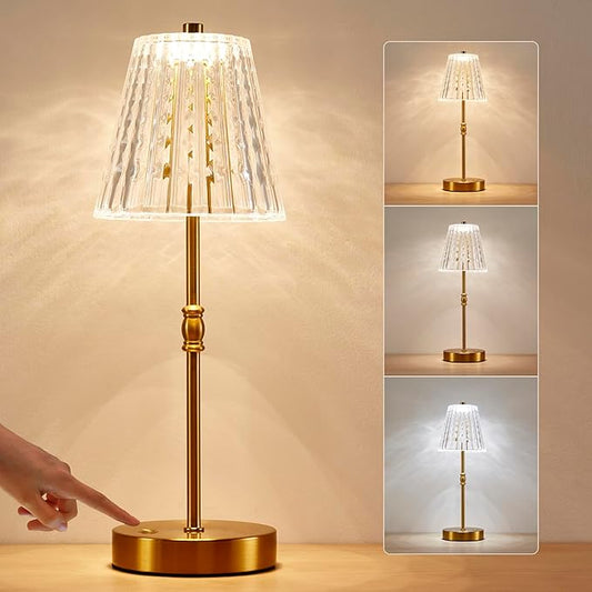 Cordless Table Lamp, 2500mAh Rechargeable Battery Operated Portable Lamp, Dimmable+3 Colors LED Touch Control, Vintage Crystal Lamp for Bedroom, Kitchen, Bar, Office