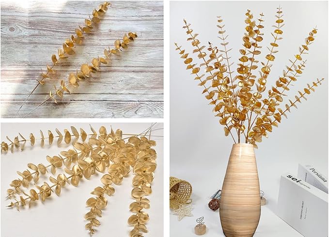 CATTREE Artificial Gold Eucalyptus, Faux Plastic Golden Plants 19" Tall 10 Pcs, Wreath Decorations Fake Shrubs for Wedding Hotel Hall Party Indoor Home Table Centerpieces DIY Decor Planting Filler