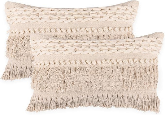 REDEARTH · Boho Textured Throw Pillow Cushion Covers- Lumbar Woven Tufted Decorative Farmhouse Cases Set for Couch, Sofa, Bed, Chair, Dining, Patio, Outdoor; 100% Cotton (12"x20", Natural) Pack of 2