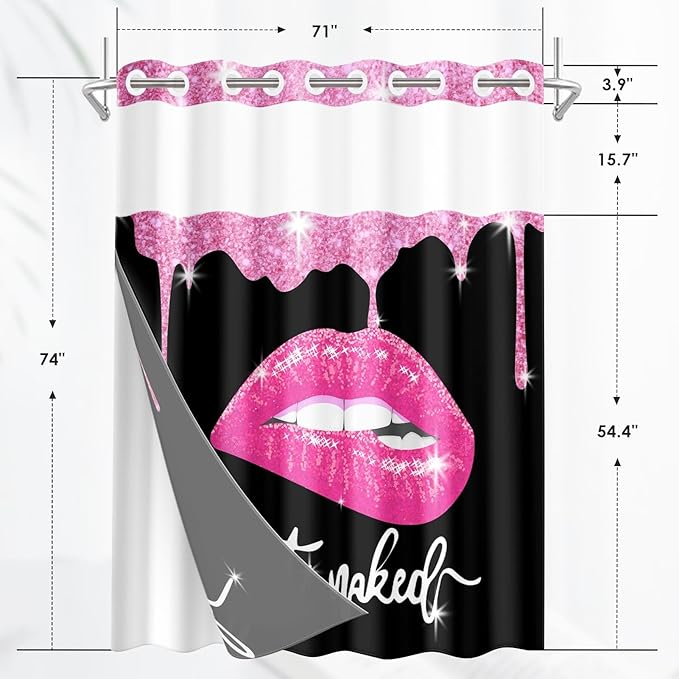 Pink Lips No Hook Shower Curtain with Snap in Liner, Diamond Glitter Get Naked Black Bath Curtain with Double Layers Waterproof Fabric and Mesh Top Window 71x74 Inch