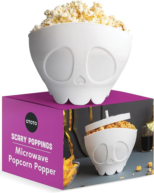 OTOTO New Scary Poppings Microwave Popcorn Popper - Gothic Popcorn Microwave Popper, Silicone Microwave Popcorn, Collapsible Bowl Popcorn Bowls, Halloween Goth Accessories Goth Gifts (White)
